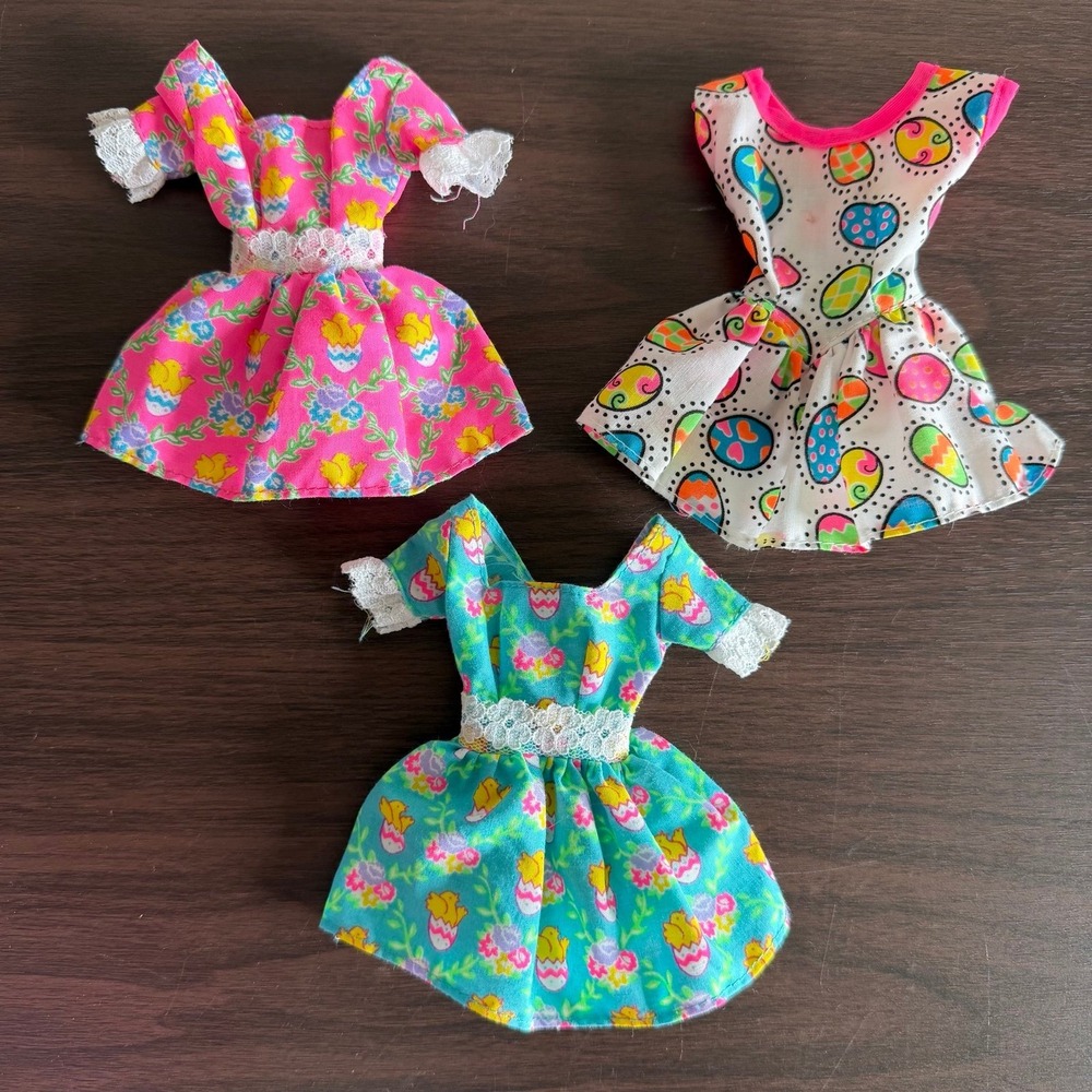 Vintage Barbie 3pc Easter Doll Dresses Floral Chick Egg Print Lace Trim